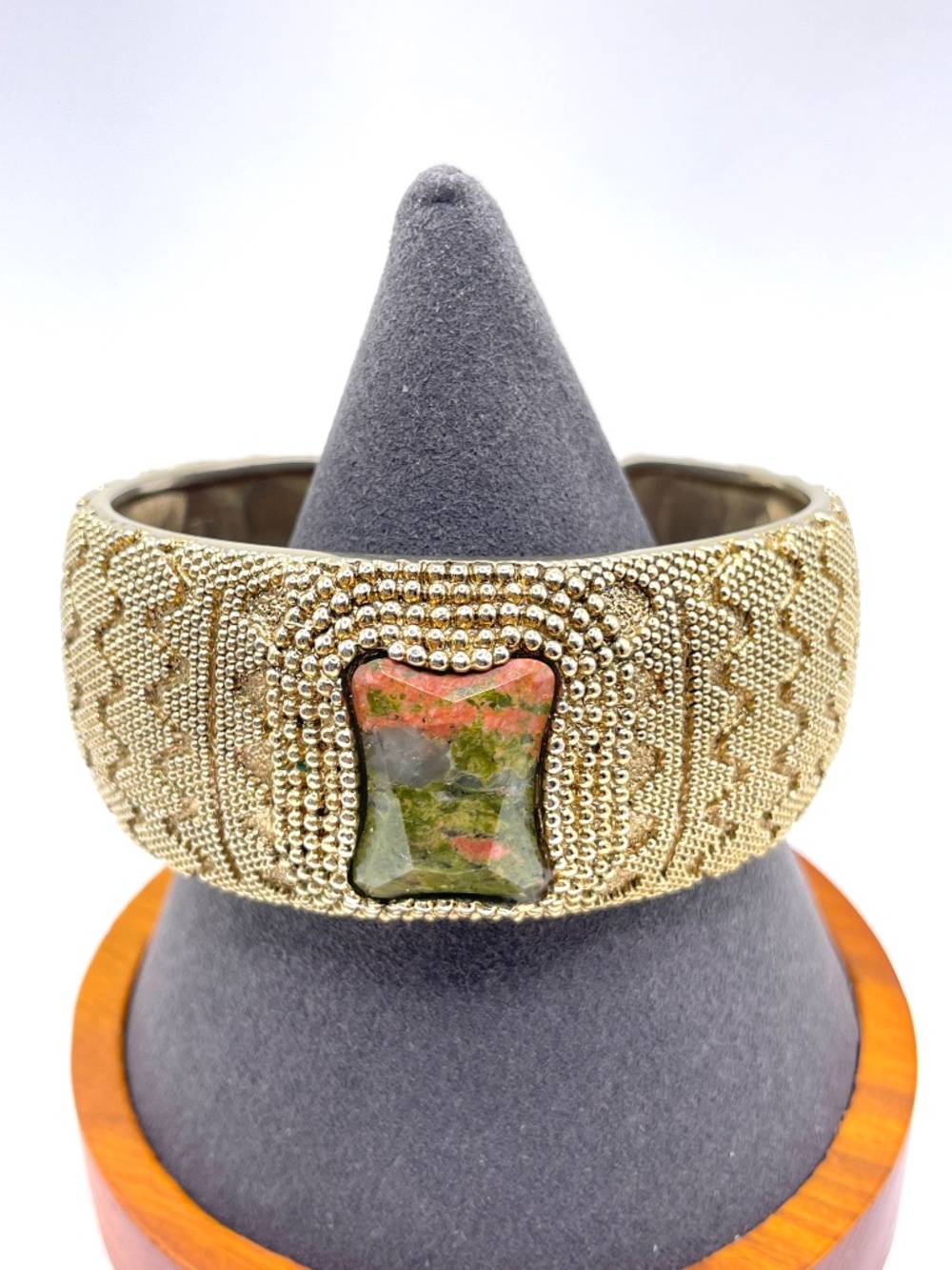 Vintage Wide Unakite Textured Gold Tone Cuff Bracelet